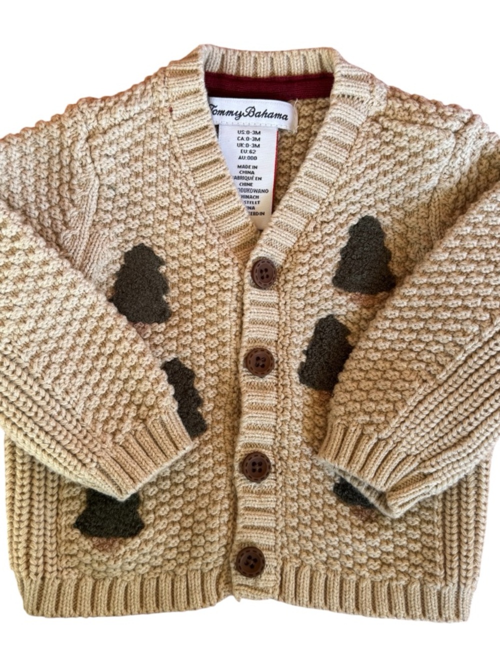 Tommy Bahama Kids Cream Knit Cardigan with Green Pine Tree Patches Unisex 0-3M - Picture 9 of 9